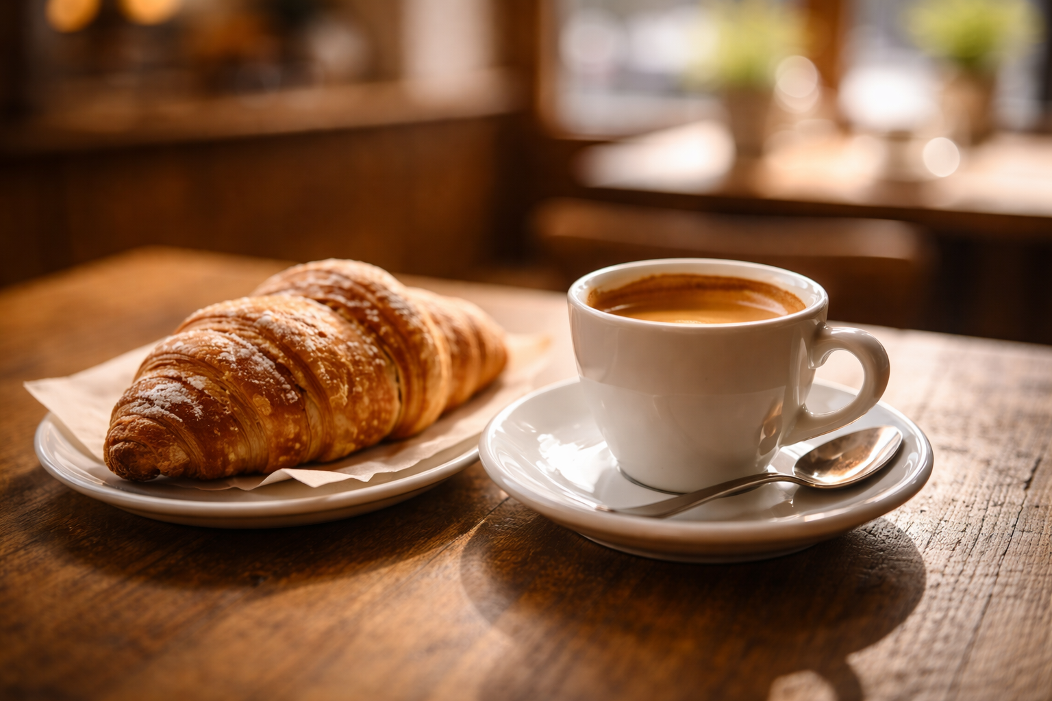 Fresh espresso next to a flaky croissant on a wooden table