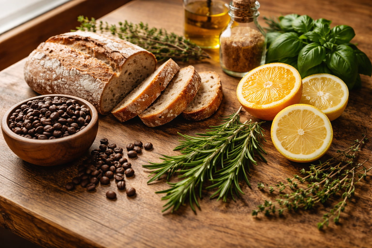 Fresh café ingredients arranged naturally on a wooden surface