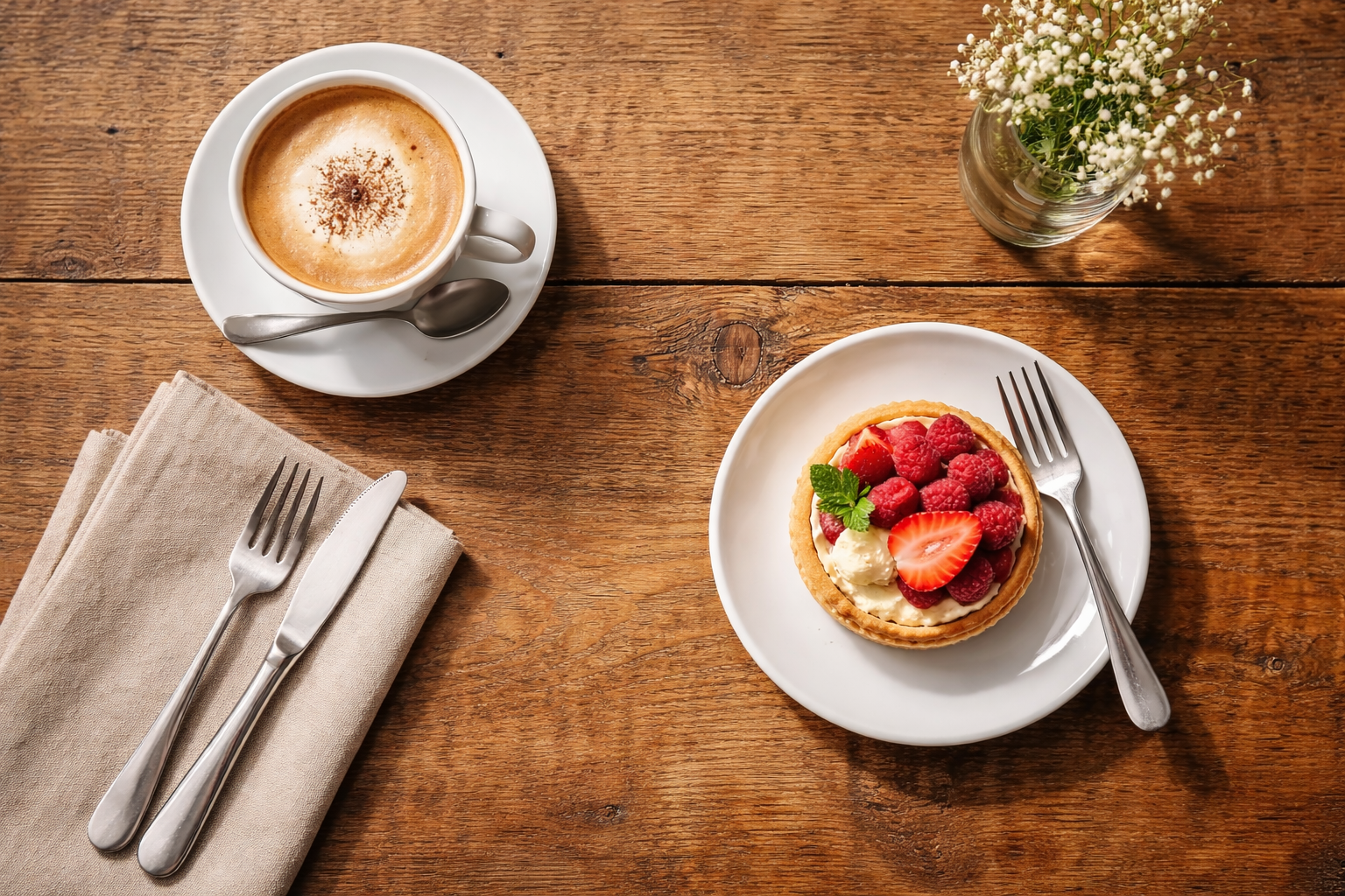 Top-down flat-lay of a café table with cappuccino and dessert plate