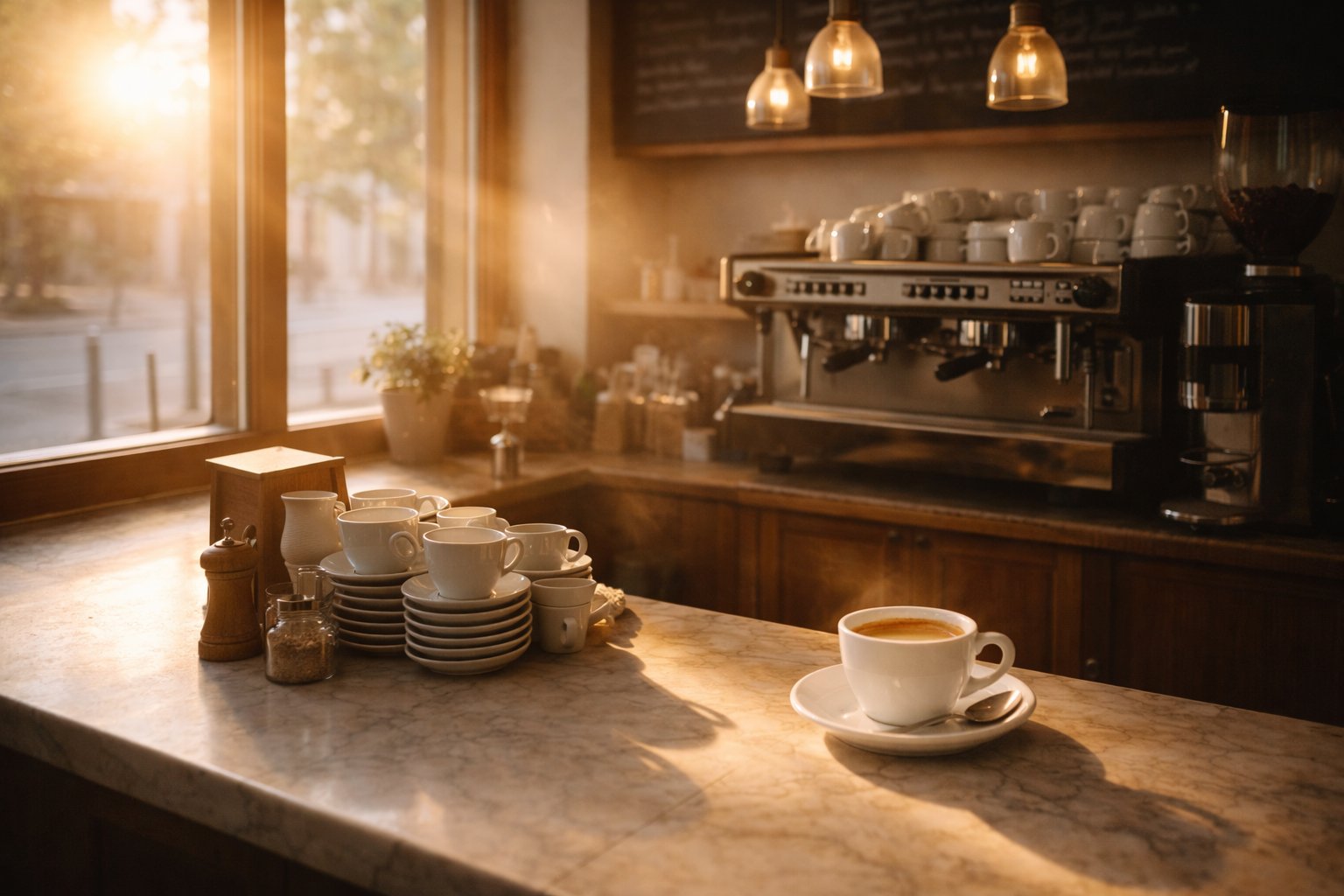 Early morning café counter with cups arranged and sunlight streaming